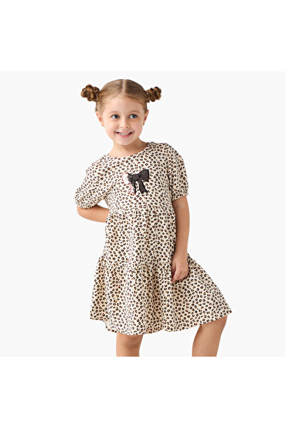 Juniors Animal Print Prom Dress with Embellished Bow Detail and Short Sleeves