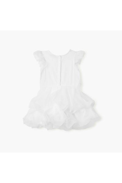 Juniors Solid Round Neck Dress with Short Sleeves and Ruffle Detail