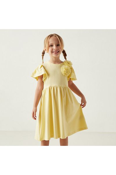 Juniors Solid A-Line Dress with Bow Detail and Short Sleeves