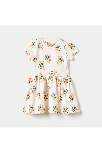 Juniors All-Over Print A-Line Dress with Short Sleeves and Round Neck
