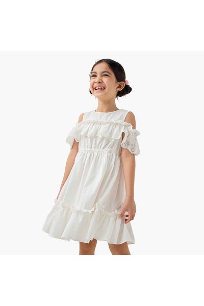 Juniors Ruffle Detail Cold Shoulder Dress with Round Neck