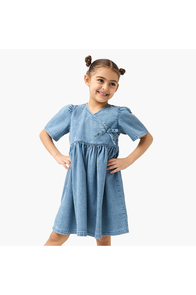 Juniors Denim V-neck Dress with Short Sleeves and Tie-Up Detail