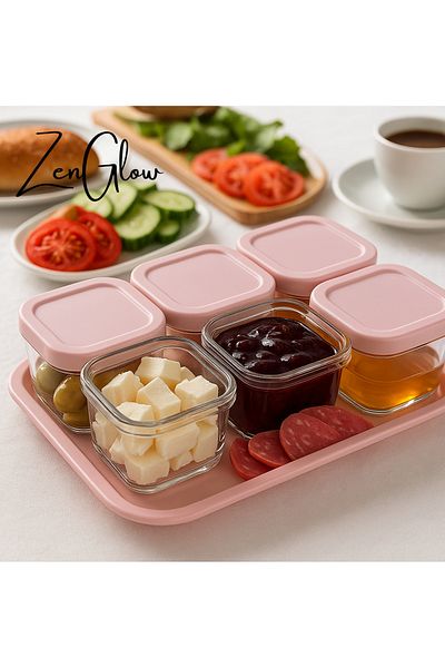 ZenGlow 6-Piece Mica Breakfast Set |   Kitchen Organizer with Transparent Practical Presentation Tray with Silicone Lid