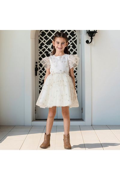 Juniors Embellished Dress with Ruffle Sleeves