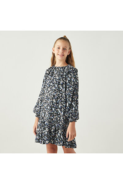 Juniors فستان بقصة A مع طباعة زهور كاملة ورقبة مكشكشة وحاشية مكشكشة