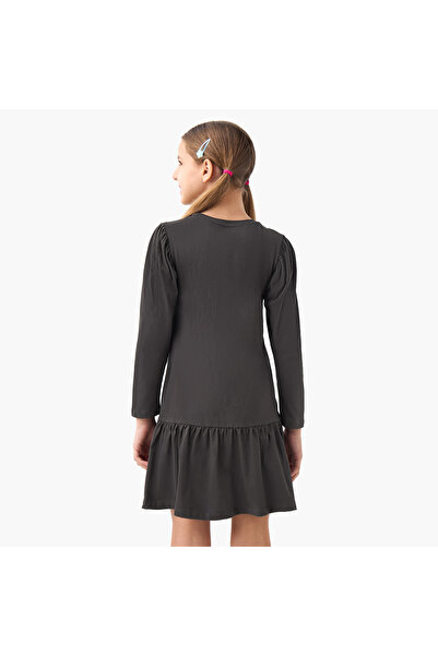 Juniors Slogan Print Drop Waist Dress with Round Neck and Long Sleeves