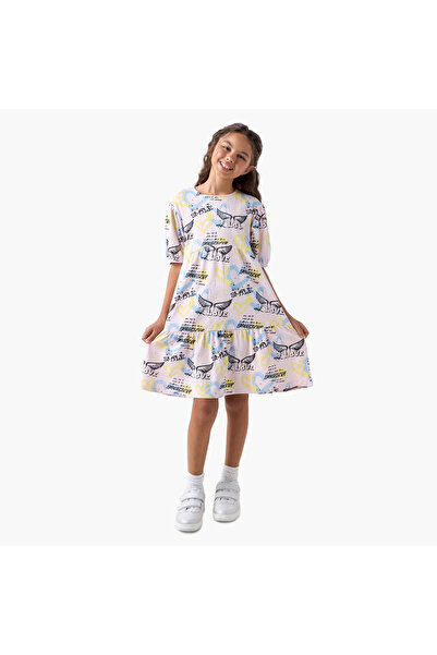 Juniors All-Over Print Drop Waist Dress with Round Neck