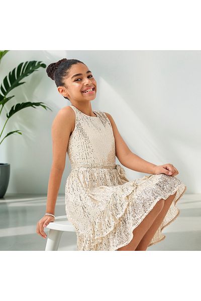 Juniors Sequin Embellished Sleeveless Dress with Ruffle Detail