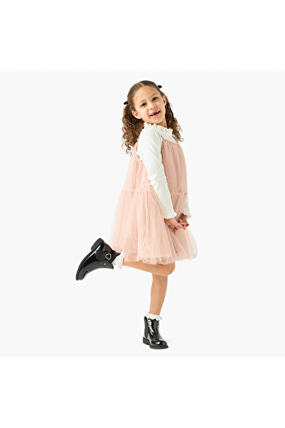 Juniors Ribbed Pie-Crust Neck Top with Sleeveless Mesh Dress