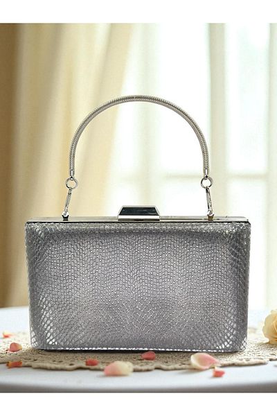 Biçanta Anthracite Gray Platinum Color Laser Snake Pattern Women's Evening Dress Bag Evening Bag Wedding Engagement Portfolio
