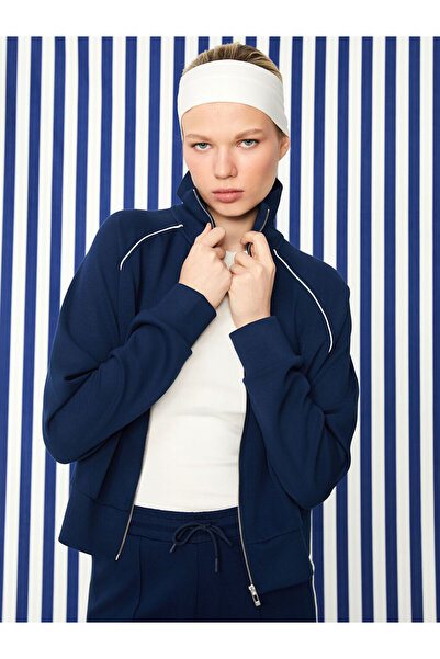 LC Waikiki Navy Blue Stand Collar Oversize Women's Zippered Sweatshirt