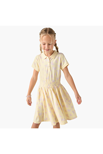 Juniors Butterfly Print Polo Collar Dress with Short Sleeves and Smocked Detail