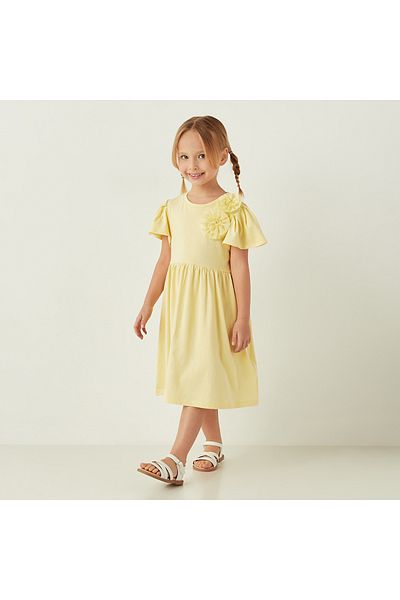 Juniors Solid A-Line Dress with Bow Detail and Short Sleeves
