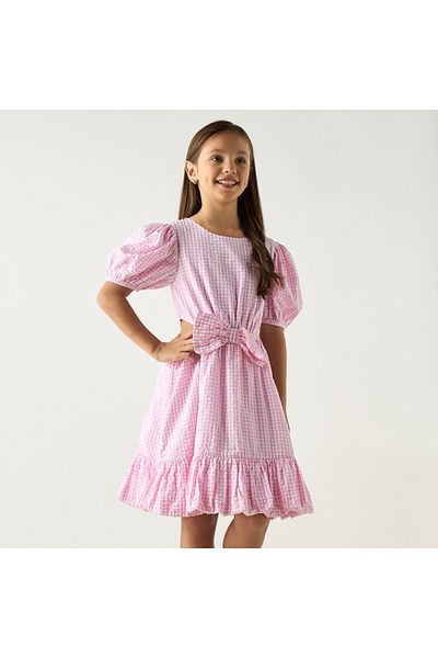 Juniors Checked A-Line Dress with Balloon Sleeves and Bow Detail