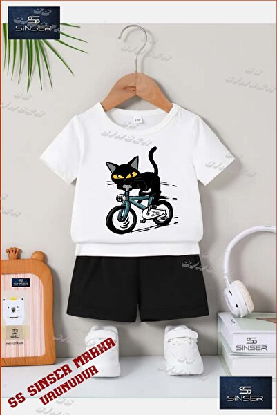 SS SİNSER Children's Unisex “Cat Black Bike Suren“ Custom Printed Crew Neck T...