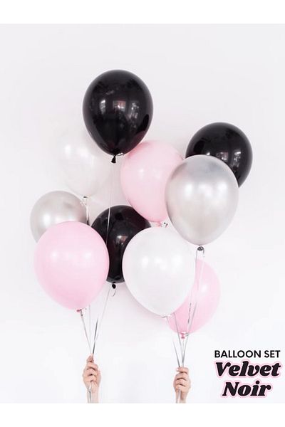 Mielibon Set of 20 Velvet Noir Balloons - Black Silver Pink White 12 Inch Balloon Set