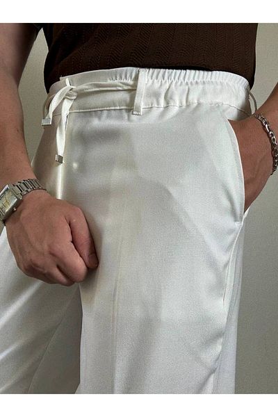 Arvens Men's White High Waist Pleated Fabric Trousers Modern Button Stylish and Suitable for Daily Wear