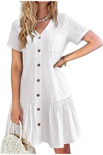 Welsoft Pocket Detailed Buttoned Bottom Detail Ruffle Women's Dress