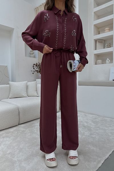 MİA NOURA Women's Front Bead Embroidered Shirt Pants Set