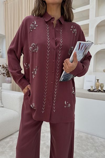 MİA NOURA Women's Front Bead Embroidered Shirt Pants Set