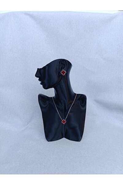 Ahsen Jewellery Çelik Bordo Yonca Kolye Küpe Seti