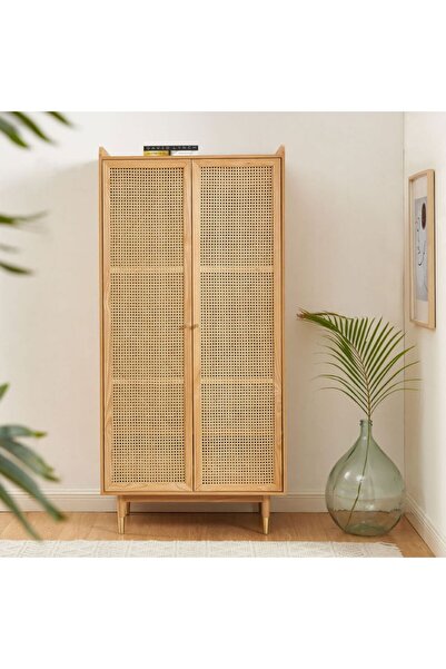 WoodenDecoration01 Bombong İki Kapaklı Doğal Rattan ve Masif Ahşap Dolap