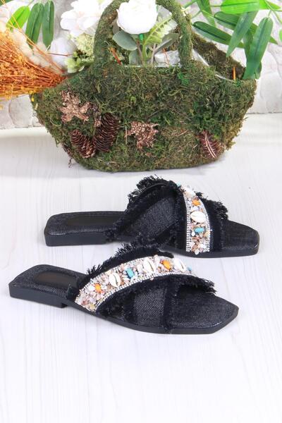 fort 3571 Linen Bead Stone Detailed Holiday Slippers Daily Slippers Women's Slippers
