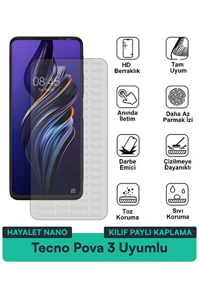 Milat Tech غطاء حماية شاشة متوافق مع Tecno Pova 3 Hayalet Nano مقاوم للخدوش و...