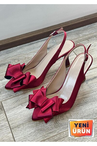 LİNEER Kadın Bordo Saten Rahat 7 Cm Kadeh Topuklu Fiyonklu Stiletto Gelin Aya...