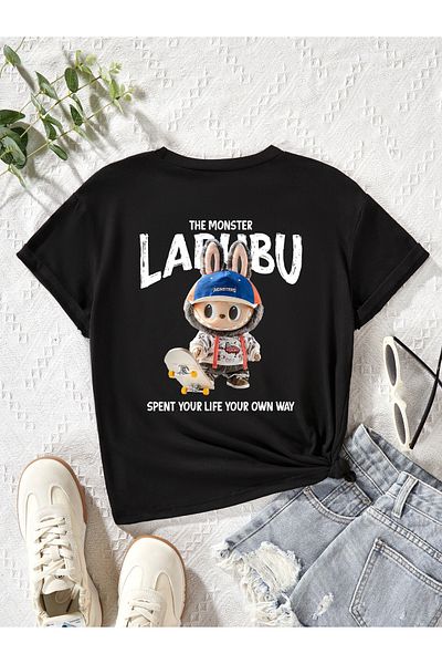 Let's Wear Тениска за момичета с щампа отпред и отзад на чудовището Labubu