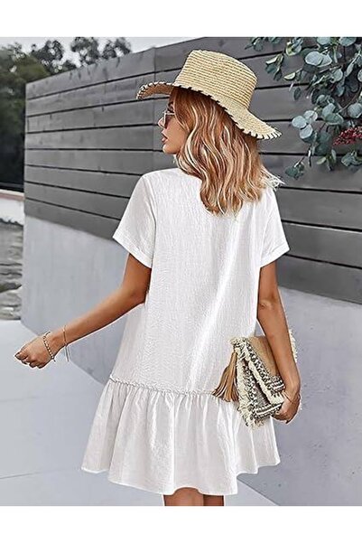 Welsoft Pocket Detailed Buttoned Bottom Detail Ruffle Women's Dress