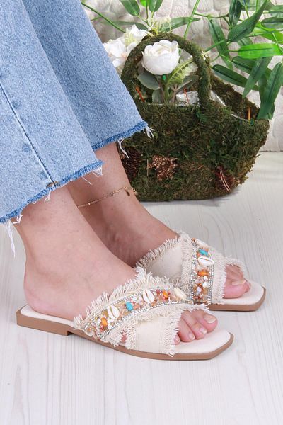 fort 3571 Linen Bead Stone Detailed Holiday Slippers Daily Slippers Women's Slippers