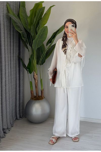 Molly Nelly Women's Summer Cotton Voile Lined Lace Detailed Trousers Blouse Set