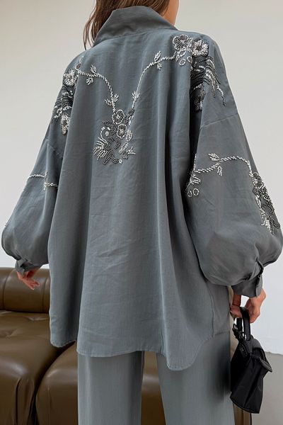 MİA NOURA Women's Kimono Back and Sleeves Beaded Tansel Fabric Kimono Pants Set
