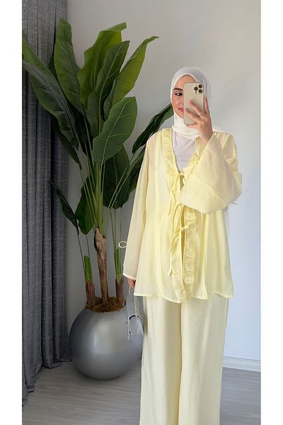 Molly Nelly Women's Summer Cotton Voile Lined Lace Detailed Trousers Blouse Set