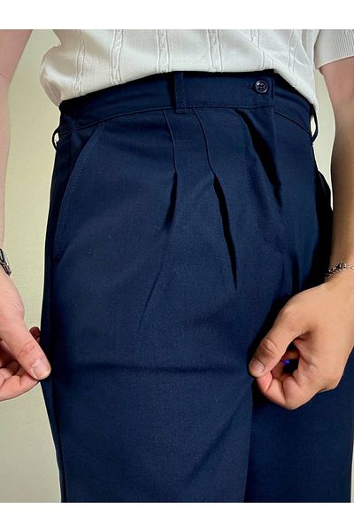 Arvens Men's Navy Blue Pleated Fabric Trousers Modern Buttoned Stylish and Stylish Suitable for Daily Use