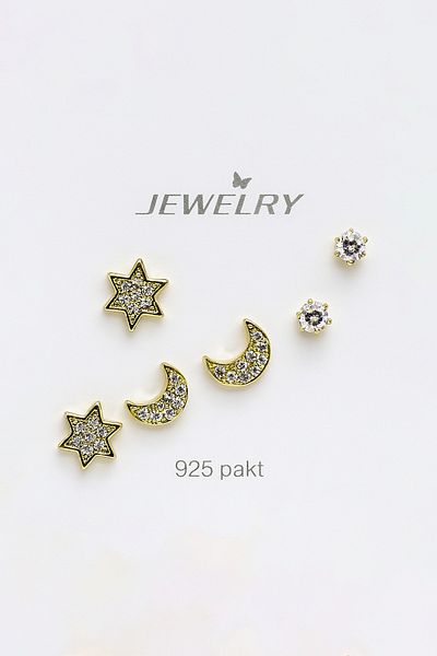 MakeWell Gold and Silver Colors 3-Piece Earring Set with 925S Sterling Silver Needle Crescent and Star Design