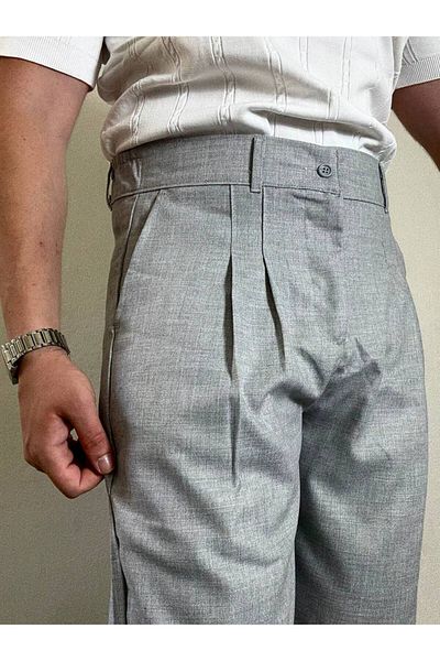 Arvens Men's Gray Pleated Fabric Trousers Modern Button Stylish and Stylish Suitable for Daily Wear