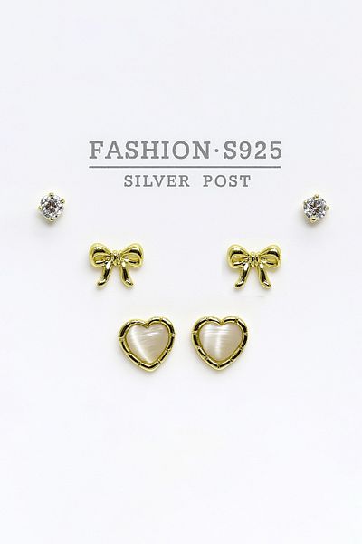 MakeWell Gold and Silver Colors 3-Piece Earring Set with 925S Sterling Silver Needle Heart and Bow Design
