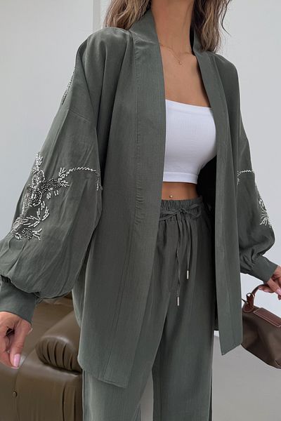 MİA NOURA Women's Kimono Back and Sleeves Beaded Tansel Fabric Kimono Pants Set