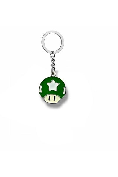 Herşey Nota Super Mario Green Power-Up Star Keychain – Shiny Metal Retro Game Figure Accessory