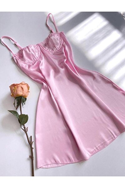 Bellarue Kadın Saten Pembe Dantelli Göğüs Kaldıran Balenli Beli Oturtmalı Gecelik