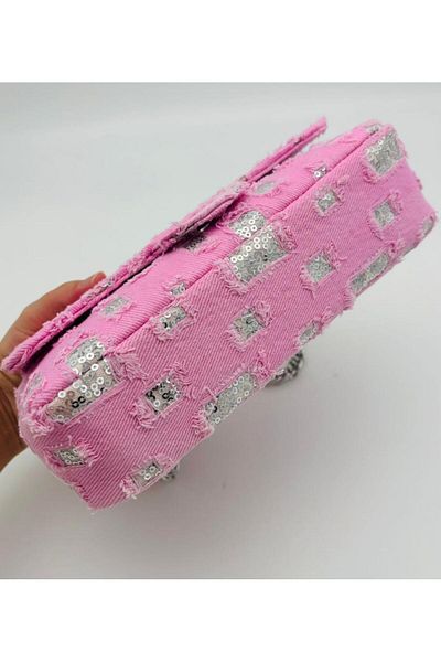 angel çanta aksesuar Accesoriu pentru geanta Angel Tesatura din denim roz cu paiete, geanta din denim cu lant