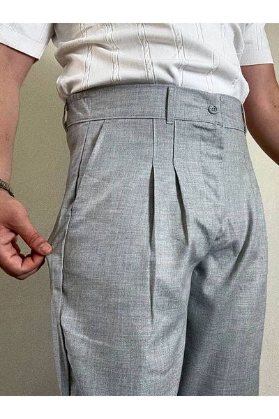 Arvens Men's Gray Pleated Fabric Trousers Modern Button Stylish and Stylish Suitable for Daily Wear