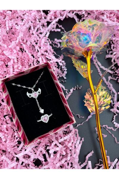 Sepetten Eve Kutuda Kanatlı Kolye Ciddi ilişki Yüzüğü Seti Sonsuzluk Gülü Sevgiliye Hediyelik 14 şubat sevgililer