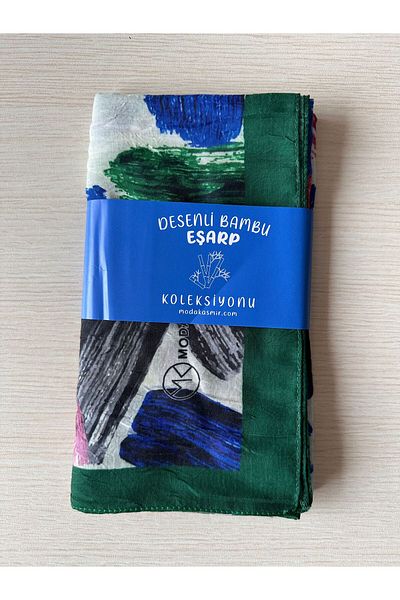 Modakaşmir Brush Pattern Bamboo Scarf (Green Tones)
