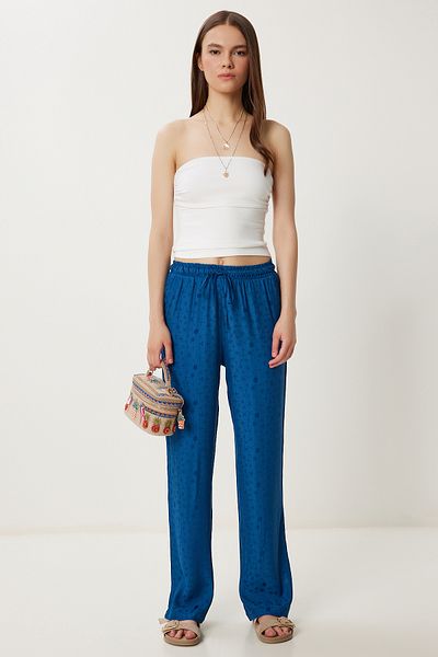 Lovelyİstanbul Patterned Summer Viscose Trousers Lwf0044 Cobalt Blue