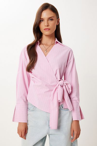 Lovelyİstanbul Shirt Collar Striped Wrap Poplin Blouse Ldp0070 Pink