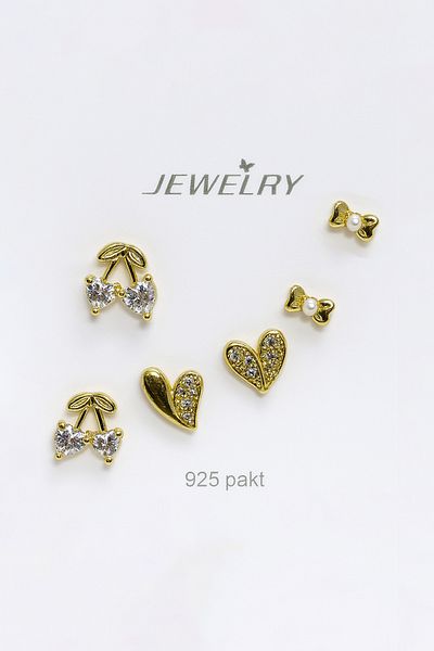 MakeWell Gold and Silver Colors with 925S Sterling Silver Needle Cherry and Heart Design 3-Piece Earring Set
