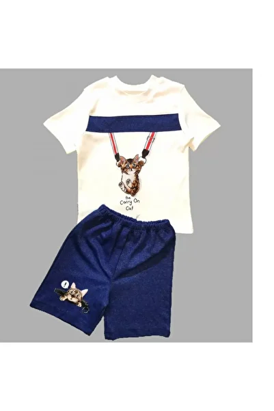 The LOG INVEST Zippered Cat Printed Shorts Short Sleeve T-Shirt 2-Piece Baby Boy Set Indigo